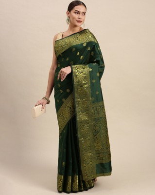 Omsaiarts Embellished, Floral Print, Self Design, Woven Kanjivaram Jacquard, Pure Silk Saree(Dark Green)