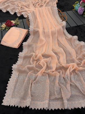 JennyFeb Villa Embellished Bollywood Pure Silk Saree(Orange)