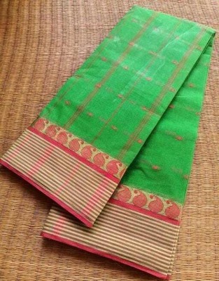 Sthaker Self Design Handloom Cotton Blend Saree(Green)