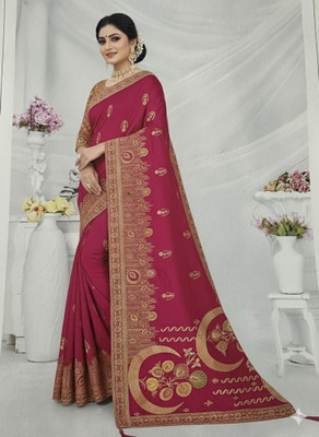 HIRPARA Embroidered, Floral Print, Woven, Self Design Banarasi Art Silk Saree(Pink)