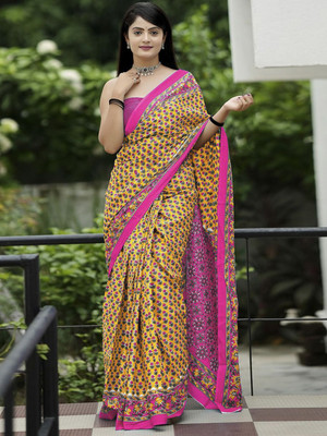 Anouk Rustic Printed Daily Wear Cotton Blend Saree(Yellow)