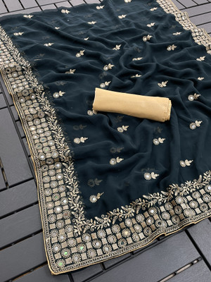 PRETTYAGE Self Design, Embroidered Bollywood Georgette Saree(Dark Blue)