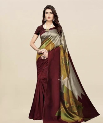 Grubstaker Printed Daily Wear Cotton Blend Saree(Maroon)