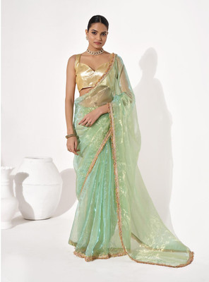 Divastri Solid/Plain Bollywood Organza Saree(Green)