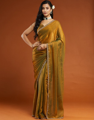 BRAHMSHAKTI Embellished Bollywood Tissue, Pure Silk Saree(Gold)