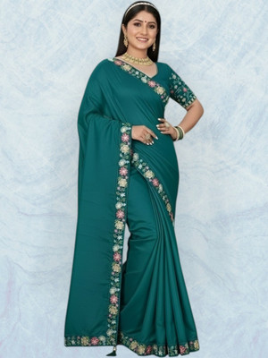 Shree Ambey Saari Embroidered Bollywood Cotton Blend Saree(Green)