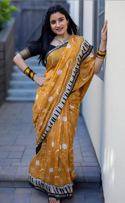 Anjaneya Sarees Printed Bollywood Linen Saree(Yellow)