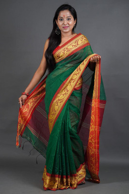 UR Affection Self Design Handloom Cotton Silk Saree(Dark Green)