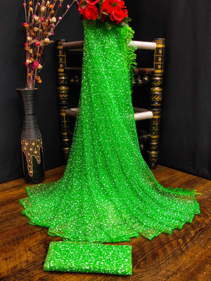 Z HUB Embellished Assam Silk Net Saree(Green)