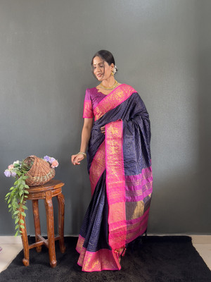 Julee Checkered Banarasi Jacquard Saree(Dark Blue)