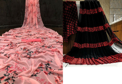 Sita Floral Print Bollywood Georgette Saree(Pack of 2, Pink)