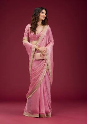 Bhojal Creation Embroidered Bollywood Silk Blend Saree(Pink)