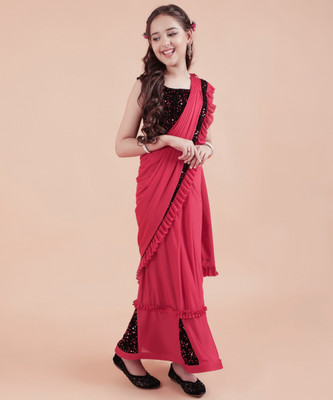 VRAJTEX FAB Solid/Plain Bollywood Lycra Blend Saree(Red)