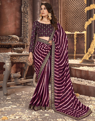 SIRIL Embroidered, Striped Leheria Georgette Saree(Purple)