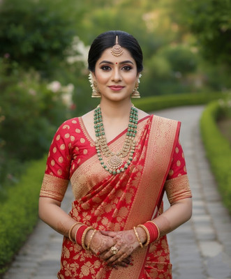 Bindi Solid/Plain Banarasi Jacquard Saree(Red)
