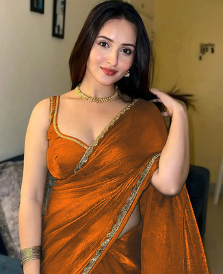 BRAHMSHAKTI Embellished Bollywood Tissue, Pure Silk Saree(Orange)