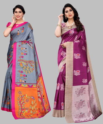 Nirvaan Printed, Paisley, Floral Print Mysore Art Silk Saree(Pack of 2, Grey, Purple)