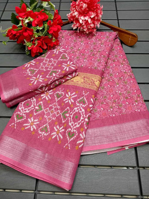 HangerStories Floral Print Kanjivaram Cotton Linen, Linen Saree(Pink)