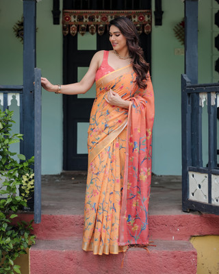 Bansari Textiles Printed Bollywood Cotton Linen Saree(Orange)