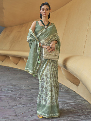 Tasrika Printed Daily Wear Cotton Blend Saree(Light Green)