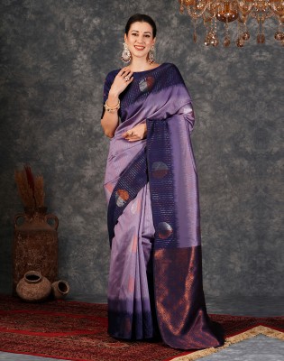 Divastri Woven, Embellished, Striped Banarasi Silk Blend, Jacquard Saree(Purple, Dark Blue, Silver)