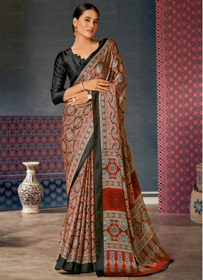 Tasrika Digital Print Hand Batik Crepe Saree(Brown)