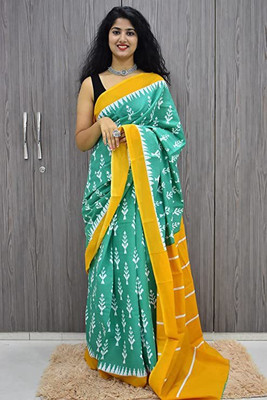 SHIVANYA HANDICRAFTS Floral Print, Blocked Printed, Color Block, Printed Narayanpet Pure Cotton Saree(Light Green)