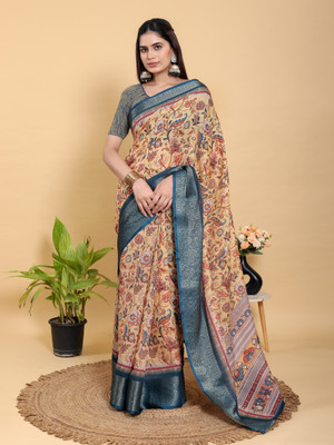 PK SAREES Printed Kalamkari Linen Saree(Multicolor)