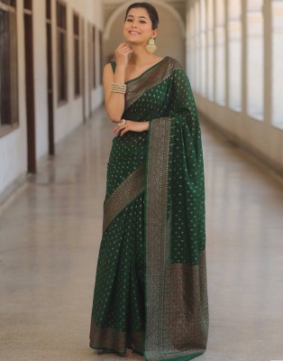 Samah Woven, Embellished Banarasi Silk Blend, Jacquard Saree(Dark Green, Gold)