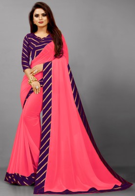 SM TRENDZ Solid/Plain Bollywood Georgette, Cotton Silk Saree(Purple, Pink)