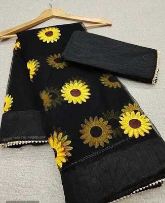 LADYPOTION Embroidered Banarasi Net Saree(Black)