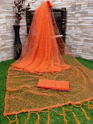 OM AMAR FASHION Printed Bollywood Net Saree(Pack of 2, Orange)