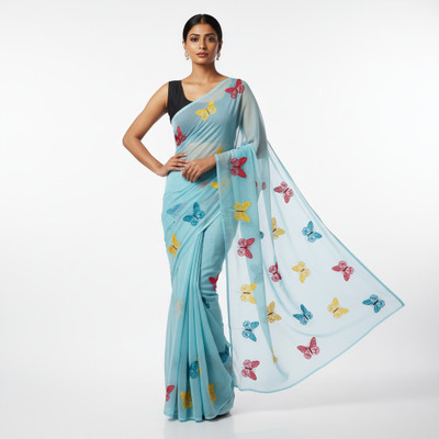 Fabbarries Embellished, Embroidered, Floral Print, Printed Daily Wear Georgette, Chiffon Saree(Blue)