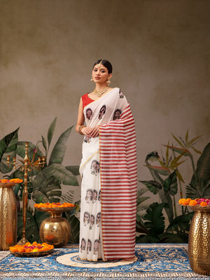 SILK ZONE Printed Chanderi Cotton Blend Saree(Beige)