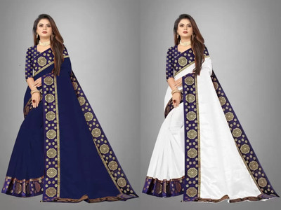 ONTIC LIFESTYLE Self Design Assam Silk Art Silk Saree(Pack of 2, Blue, White)