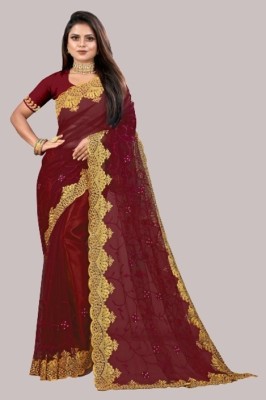 KHRITI FAB Embroidered Bollywood Net Saree(Maroon)