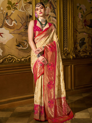 ANOUK Woven Banarasi Silk Blend Saree(Cream)