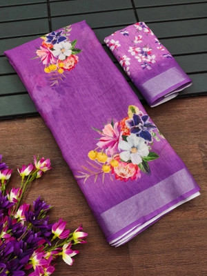 Myraani Floral Print Daily Wear Cotton Linen Saree(Magenta)