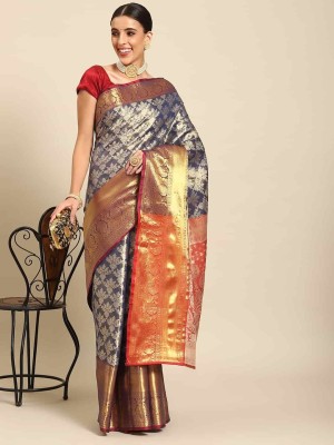 Tasrika Floral Print Banarasi Art Silk Saree(Dark Blue)