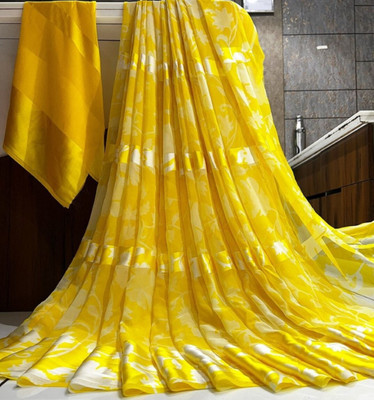 Bombey Velvat Fab Printed, Solid/Plain Ikkat Mulmul, Chiffon Saree(Yellow)