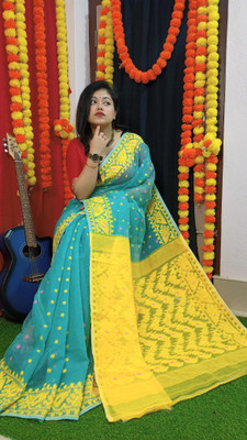 Revival Woven Jamdani Cotton Blend Saree(Yellow, Light Blue)