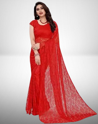 Vragi Floral Print Bollywood Net Saree(Pack of 2, Red)