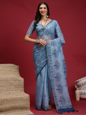 Sareemall Printed Hand Batik Cotton Linen Saree(Blue)