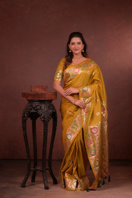 SHARDHA FASHION Woven, Embroidered Banarasi Pure Silk Saree(Black, White, Yellow)