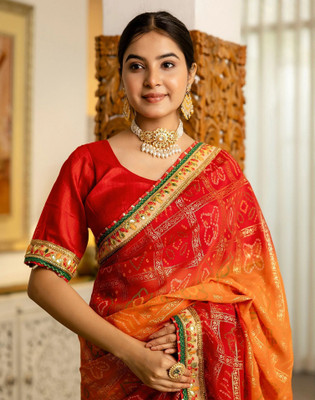 Satrani Printed, Embroidered Bandhani Chiffon, Georgette Saree(Red, Orange)