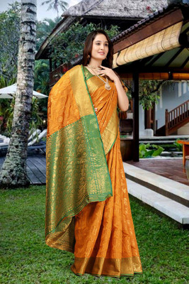 Aksh Fashion Printed Banarasi Silk Blend, Jacquard Saree(Purple)