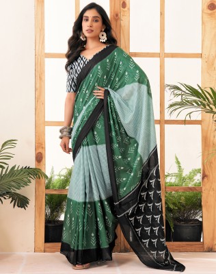 SIRIL Printed Handloom Pure Cotton Saree(Light Green, Black, White)