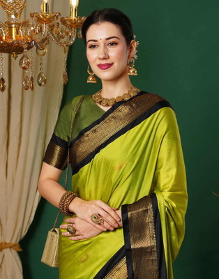 yourwish Woven, Checkered Banarasi Cotton Silk Saree(Light Green)