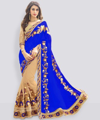 Trijal Fab Embroidered, Embellished, Dyed, Self Design Bollywood Silk Blend Saree(Blue)