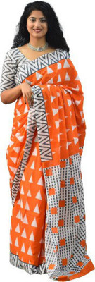 Tropwear Printed, Self Design, Digital Print, Hand Painted, Blocked Printed Sambalpuri Pure Cotton Saree(Orange)